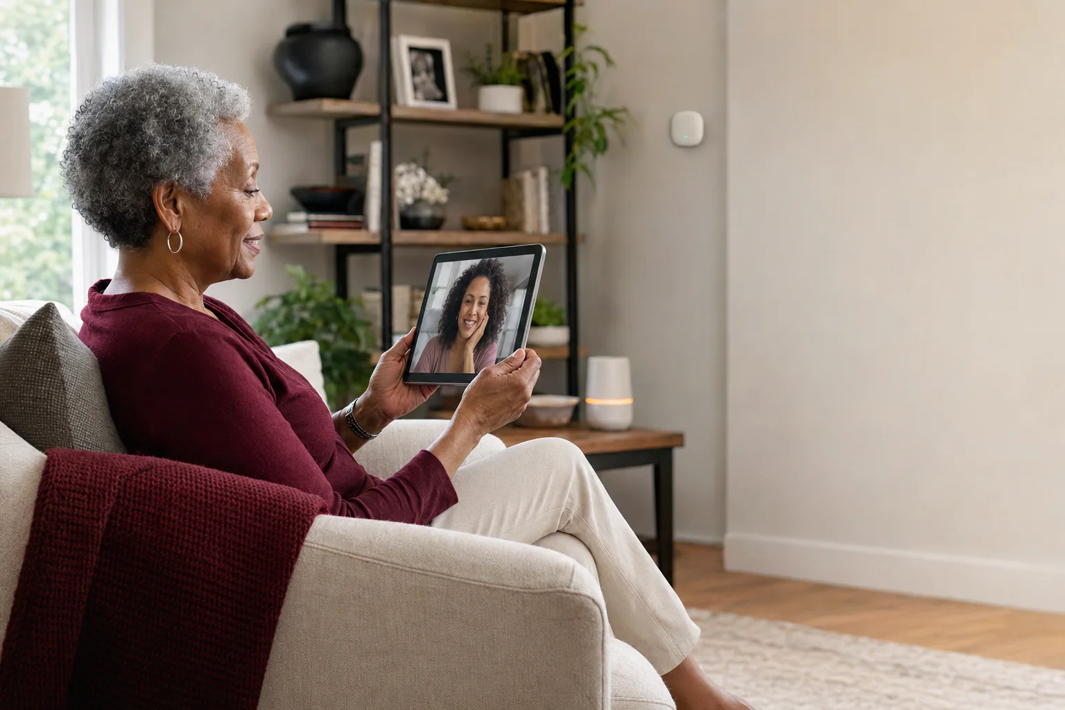 An older adult and family member staying connected
